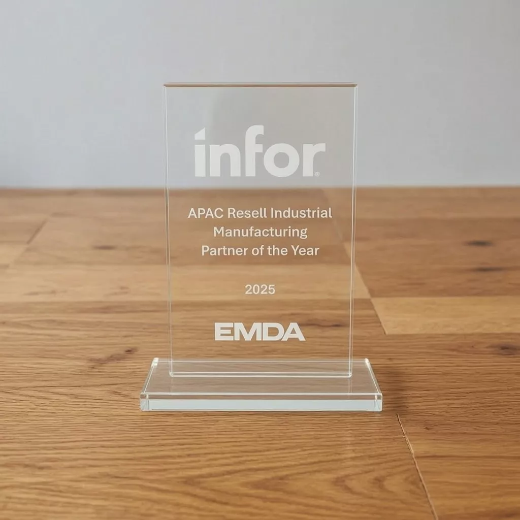 Infor APAC Resell Industrial Manufacturing Partner of the Year 2025 trophy, awarded to EMD Advantage (EMDA).