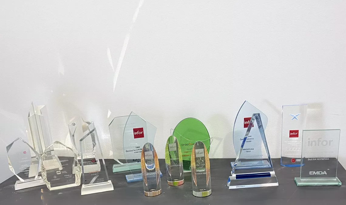 Collection of trophies for Infor trophies recognizing partner performance, revenue, support and manufacturing expertise from 2009 to 2025