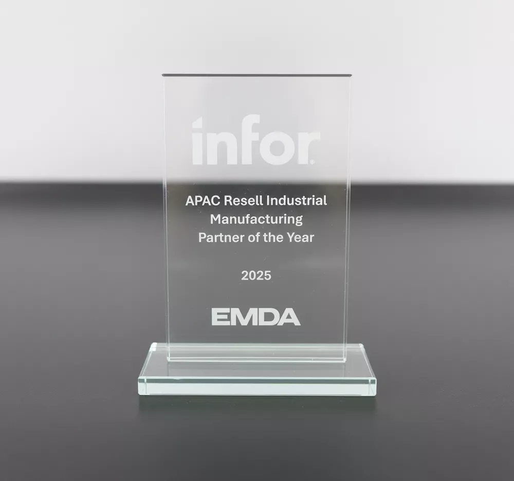 Infor APAC Resell Industrial Manufacturing Partner of the Year 2025 trophy, awarded to EMD Advantage (EMDA).